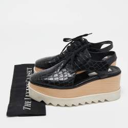 Pre Owned Stella McCartney Black Croc Embossed Leather Elyse Cut Out Platform Derby Sneakers Size 37