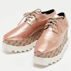 Pre Owned Stella McCartney Rose Gold/Beige Faux Leather Monogram Elyse Platform Derby Sneakers Size 37