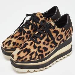 Pre Owned Stella McCartney Beige/Black Leoprad Print Velvet Elyse Platform Derby Sneakers Size 35