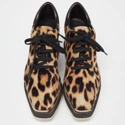 Pre Owned Stella McCartney Beige/Black Leoprad Print Velvet Elyse Platform Derby Sneakers Size 35