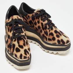 Pre Owned Stella McCartney Beige/Black Leoprad Print Velvet Elyse Platform Derby Sneakers Size 35