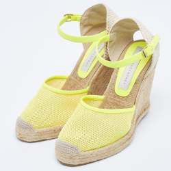 Pre Owned Stella McCartney Neon Yellow Mesh Espadrille Wedge Ankle Strap Pumps Size 37