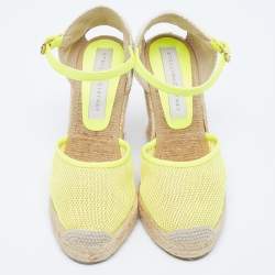 Pre Owned Stella McCartney Neon Yellow Mesh Espadrille Wedge Ankle Strap Pumps Size 37