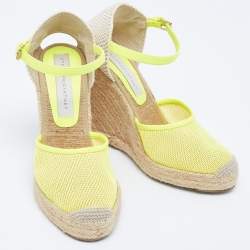 Pre Owned Stella McCartney Neon Yellow Mesh Espadrille Wedge Ankle Strap Pumps Size 37