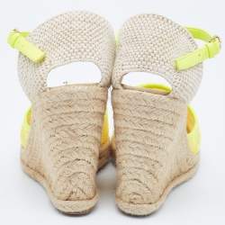 Pre Owned Stella McCartney Neon Yellow Mesh Espadrille Wedge Ankle Strap Pumps Size 37