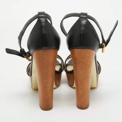 Stella McCartney Black Faux Leather Wooden Platform Ankle Strap Sandals Size 40