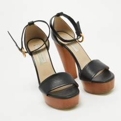 Stella McCartney Black Faux Leather Wooden Platform Ankle Strap Sandals Size 40