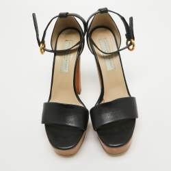 Stella McCartney Black Faux Leather Wooden Platform Ankle Strap Sandals Size 40