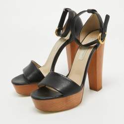Stella McCartney Black Faux Leather Wooden Platform Ankle Strap Sandals Size 40