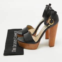 Stella McCartney Black Faux Leather Wooden Platform Ankle Strap Sandals Size 40
