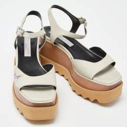Stella McCartney Off White/Silver Faux Leather Elyse Star Platform Ankle Strap Sandals Size 38