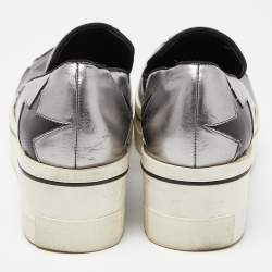 Stella McCartney Silver/Black Faux Leather Binx Star Slip On Sneakers Size 37