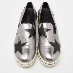 Stella McCartney Silver/Black Faux Leather Binx Star Slip On Sneakers Size 37