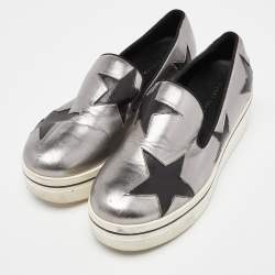 Stella McCartney Silver/Black Faux Leather Binx Star Slip On Sneakers Size 37