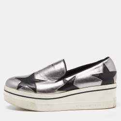 Stella McCartney Silver/Black Faux Leather Binx Star Slip On Sneakers Size 37