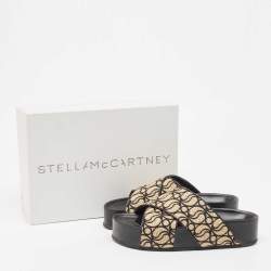 Stella McCartney Beige/Black Monogram Straw Slide Sandals Size 38