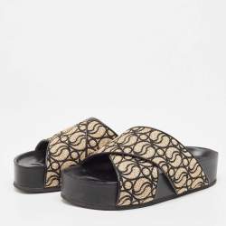 Stella McCartney Beige/Black Monogram Straw Slide Sandals Size 38