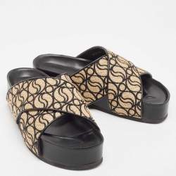 Stella McCartney Beige/Black Monogram Straw Slide Sandals Size 38