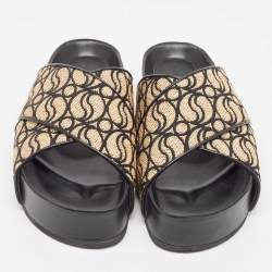 Stella McCartney Beige/Black Monogram Straw Slide Sandals Size 38
