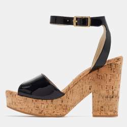 Stella McCartney Black Faux Patent And Cork Platform Ankle Strap Sandals Size 38