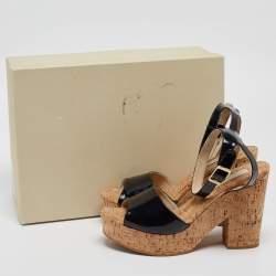 Stella McCartney Black Faux Patent And Cork Platform Ankle Strap Sandals Size 38