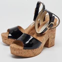 Stella McCartney Black Faux Patent And Cork Platform Ankle Strap Sandals Size 38