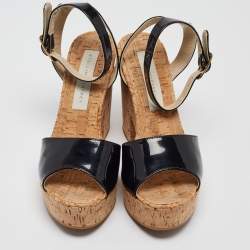 Stella McCartney Black Faux Patent And Cork Platform Ankle Strap Sandals Size 38