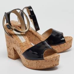 Stella McCartney Black Faux Patent And Cork Platform Ankle Strap Sandals Size 38