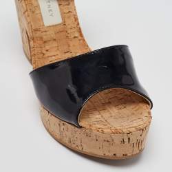 Stella McCartney Black Faux Patent And Cork Platform Ankle Strap Sandals Size 38