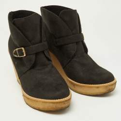 Stella McCartney Black Faux Suede Buckle Detail Wedge Ankle Booties Size 39