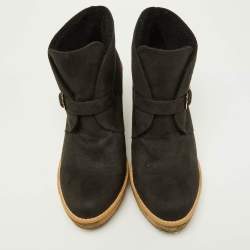 Stella McCartney Black Faux Suede Buckle Detail Wedge Ankle Booties Size 39