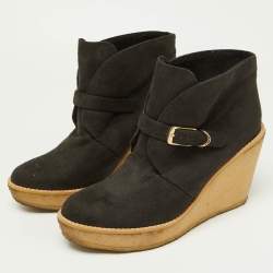 Stella McCartney Black Faux Suede Buckle Detail Wedge Ankle Booties Size 39