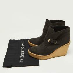 Stella McCartney Black Faux Suede Buckle Detail Wedge Ankle Booties Size 39