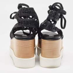 Pre Owned Stella McCartney Black Raffia Elyse Platform Wedge Sandals Size 36.5