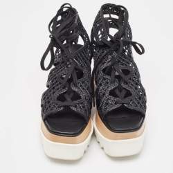 Pre Owned Stella McCartney Black Raffia Elyse Platform Wedge Sandals Size 36.5