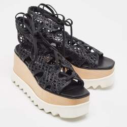 Pre Owned Stella McCartney Black Raffia Elyse Platform Wedge Sandals Size 36.5
