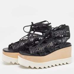 Pre Owned Stella McCartney Black Raffia Elyse Platform Wedge Sandals Size 36.5