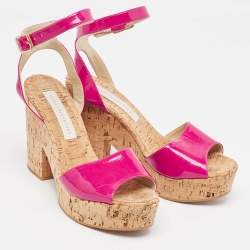 Stella McCartney Pink Faux Patent And Cork Platform Ankle Strap Sandals Size 39