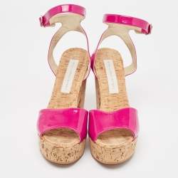 Stella McCartney Pink Faux Patent And Cork Platform Ankle Strap Sandals Size 39