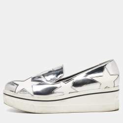 Stella McCartney White/Silver Faux Leather Star Platform Binx Slip On Sneakers Size 40