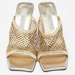Pre Owned Stella McCartney Gold Faux Leather Crystal Embellished Slide Sandals Size 38