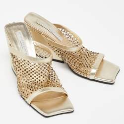 Pre Owned Stella McCartney Gold Faux Leather Crystal Embellished Slide Sandals Size 38