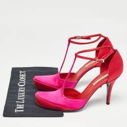 Pre Owned Stella McCartney Pink/Red Satin T-Bar Ankle Strap Pumps Size 38