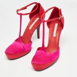 Pre Owned Stella McCartney Pink/Red Satin T-Bar Ankle Strap Pumps Size 38