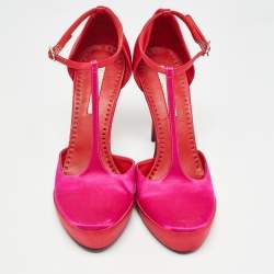 Pre Owned Stella McCartney Pink/Red Satin T-Bar Ankle Strap Pumps Size 38