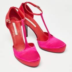 Pre Owned Stella McCartney Pink/Red Satin T-Bar Ankle Strap Pumps Size 38