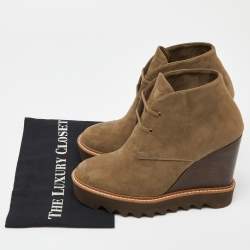 Pre Owned Stella McCartney Olive Green Faux Suede Leana Wedge Boots Size 39