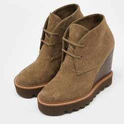 Pre Owned Stella McCartney Olive Green Faux Suede Leana Wedge Boots Size 39