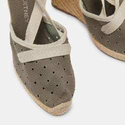 Stella McCartney Grey Fabric and Canvas Ankle Wrap Wedge Pumps Size 39