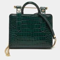 Pre Owned Strathberry Midi Nano Green Croc Embossed Leather Tote